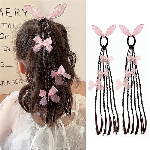 ヘアエクステ キッズ 三つ編み ウィッグ リボン付き ダンス エクステンション 女の子 ポニーテール ウィッグ ツインテール 編み込み エクステ 付け毛 コスチューム 子供 イベント (ピンク) 送料無料
