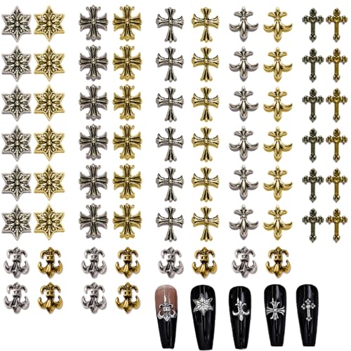 メタルパーツ パンク ネイルアートチャーム 72個セット 3D ヴィンテージシルバーゴールド ネイルデザイン用品 DIY クラフトアクセサリー (ゴールド+シル...