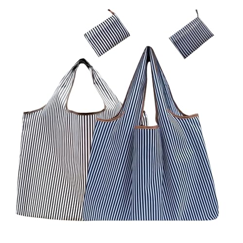 エコバッグ 買い物袋 大容量 折りたたみ コンビニバッグ おしゃれ コンパクト 軽量 耐久 収納 可折りたたみバッグ 洗濯可能 水洗い 携帯便利 大袋 バックパック コンビニ レジ袋 (ブラックストライプ+ブルーストライプ) 送料無料