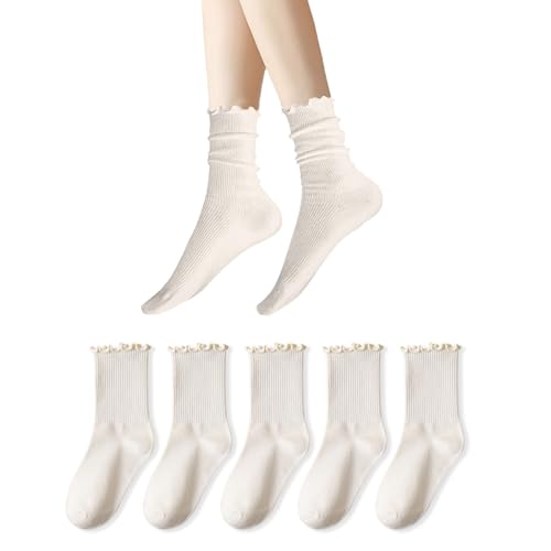 靴下 レディース 靴下 フリル 5足セット 無地 履き口くるくる くるぶし リブソックス 綿 可愛い おしゃれ JK 春夏 ゆったり 蒸れない 人気 通気性 カジュアルソックス 薄い 22～24cm (オフホワイト)