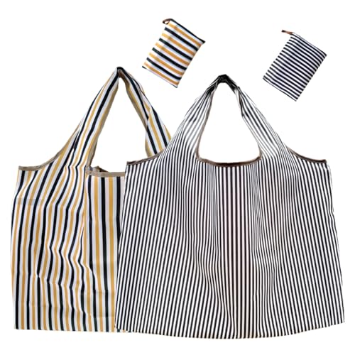 折りたたみ エコバッグ 2個入り 買い物袋 大容量 コンビニバッグ おしゃれ コンパクト 軽量 耐久 収納 可折りたたみバッグ 洗濯可能 水洗い 携帯便利 大袋 バックパック コンビニ レジ袋 (ブラックストライプ+イエローストライプ) 送料無料