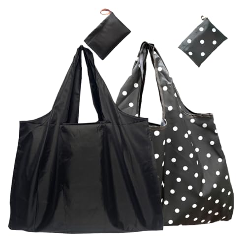 エコバッグ 折りたたみ 2個入り 買い物袋 大容量 コンビニバッグ おしゃれ コンパクト 軽量 耐久 収納 可折りたたみバッグ 洗濯可能 水洗い 携帯便利 大袋 バックパック コンビニ レジ袋 (黒+黒波点) 送料無料