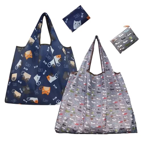 エコバッグ 折りたたみ 買い物袋 大容量 コンビニバッグ おしゃれ コンパクト 軽量 耐久 収納 可折りたたみバッグ 洗濯可能 水洗い 携帯便利 大袋 バックパック コンビニ レジ袋 (ネイビー猫+グレー猫) 送料無料