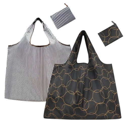 エコバッグ 折りたたみ 買い物袋 大容量 コンビニバッグ おしゃれ コンパクト 軽量 耐久 収納 可折りたたみバッグ 洗濯可能 水洗い 携帯便利 大袋 バックパック コンビニ レジ袋 (黒ストライプ＋ブラック) 送料無料