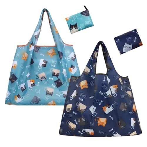 エコバッグ 折りたたみ 買い物袋 大容量 コンビニバッグ おしゃれ コンパクト 軽量 耐久 収納 可折りたたみバッグ 洗濯可能 水洗い 携帯便利 大袋 バックパック コンビニ レジ袋 (ネイビー猫+青い猫) 送料無料