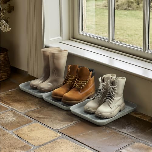 シューズトレイ 靴置き シューズマット シューズケース 靴入れ ブーツ シューズ 収納 積み重ね 軽量 縁あり 35x27x4.5cm グレー 3個セット