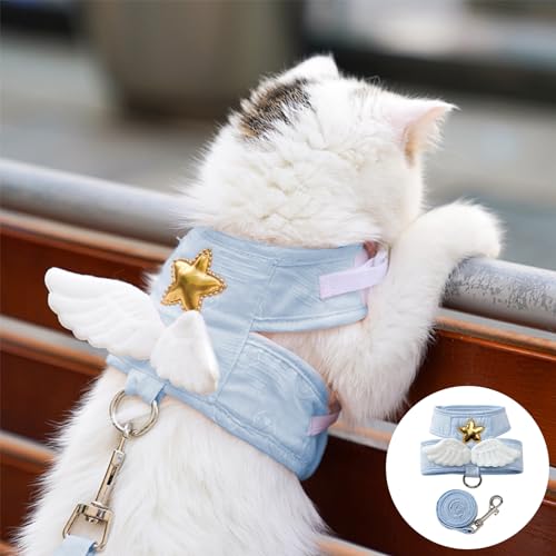 猫 ハーネス さんぽ 胴輪 猫具りーど 子猫 子犬 小型犬 可愛い こねこ 猫用ハーネス 散歩天使の羽で 脱走防止散歩 外出 コンフォート 夜反射 通気メッシュ (ブルー XL)