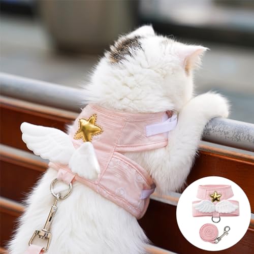 猫 ハーネス さんぽ 胴輪 猫具りーど 子猫 子犬 小型犬 可愛い こねこ 猫用ハーネス 散歩天使の羽で 脱走防止散歩 外出 コンフォート 夜反射 通気メッシュ (ピンク L) 送料無料