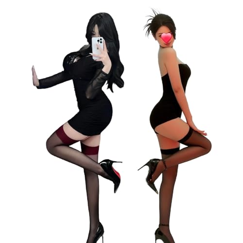 ガーターストッキング ストッキング 膝上 レディース ニーハイ滑り止めストッキング 黒 ニーハイソックス 伸縮性 透け感 通勤 ビジネス・エブリデイ・パーティー用 (JP アルファベット Free Size B款： 黒色＋赤色 ) 送料無料