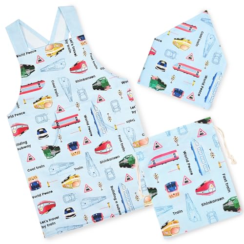 キッズエプロン 子供 エプロン 新幹線 電車 ライトブルー 三点セット 三角巾つき 巾着袋付き ポケット..