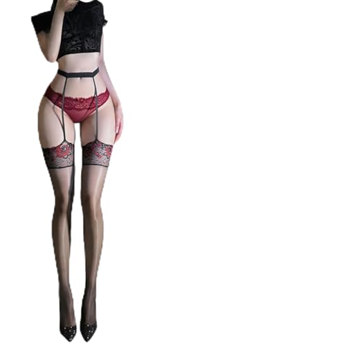 送料無料 ガーターストッキング バラ花 薔薇 ストッキング 膝上 レディース ニーハイ滑り止めストッキング 黒 ニーハイソックス 伸縮性 透け感 通勤 ビジネス・エブリデイ・パーティー用 (JP アルファベット Free Size レースストッキング-黒