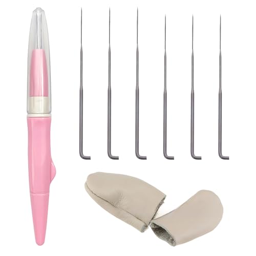 羊毛フェルト ニードル 3本針 レザー製指サック 2枚入 2サイズのフェルト針付き 6本針 フェルトツール 初心者入門キット フェルティングニードル DIY用 (ピンク) 送料無料