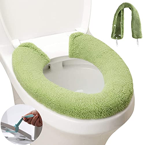 便座カバー 便座シートふわふわ 防臭 暖かい 洗える 便座ハンドル 取っ手付き トイレ用品 (濃い緑色 リップルスタイルなし)