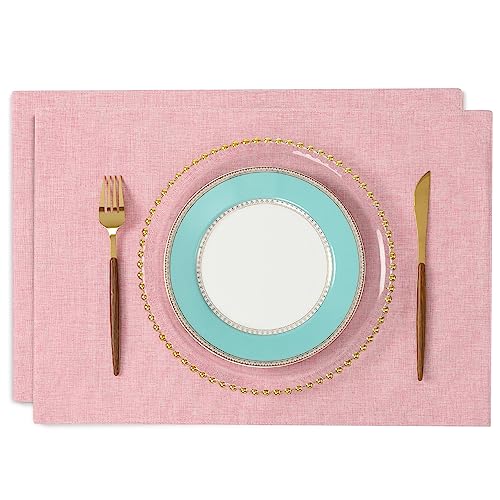 ランチョンマット 布製 綿麻 二層生地縫製 丸洗い可 無地 和風 柔軟性 滑り止め 断熱 おしゃれ テーブルマット お手入れ簡単(横48cm×縦33cm 2枚セット ピンク) 送料無料