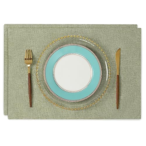 ランチョンマット 布製 綿麻 二層生地縫製 丸洗い可 無地 和風 柔軟性 滑り止め 断熱 おしゃれ テーブルマット お手入れ簡単(横48cm×縦33cm 2枚セット ライトグリーン) 送料無料