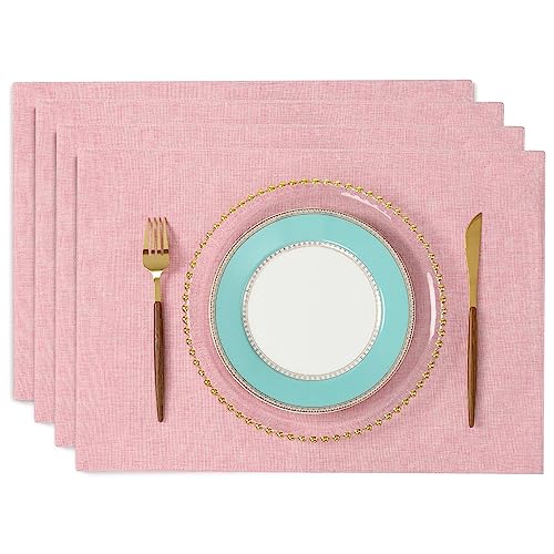 ランチョンマット 布製 綿麻 二層生地縫製 丸洗い可 無地 和風 柔軟性 滑り止め 断熱 おしゃれ テーブルマット お手入れ簡単(横48cm×縦33cm 4枚セット ピンク)