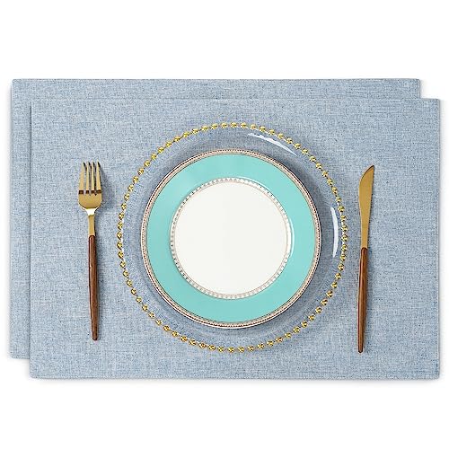 ランチョンマット 布製 綿麻 二層生地縫製 丸洗い可 無地 和風 柔軟性 滑り止め 断熱 おしゃれ テーブルマット お手入れ簡単(横48cm×縦33cm 2枚セット ライトブルー) 送料無料