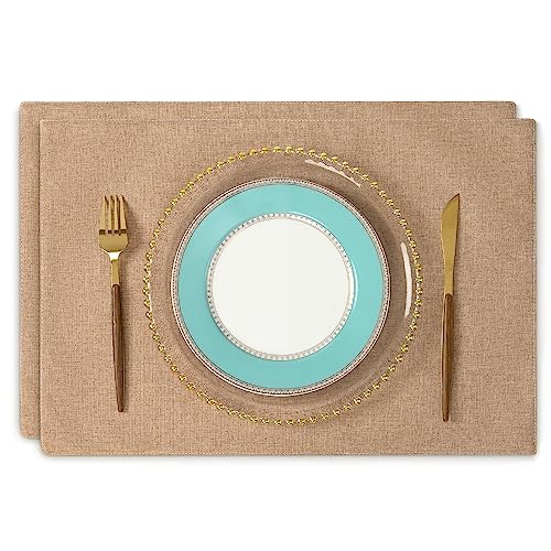 ランチョンマット 布製 綿麻 二層生地縫製 丸洗い可 無地 和風 柔軟性 滑り止め 断熱 おしゃれ テーブルマット お手入れ簡単(横48cm×縦33cm 2枚セット シャンパンブラウン) 送料無料