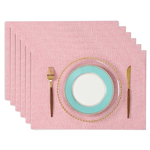 ランチョンマット 布製 綿麻 二層生地縫製 丸洗い可 無地 和風 柔軟性 滑り止め 断熱 おしゃれ テーブルマット お手入れ簡単(横48cm×縦33cm 6枚セット ピンク)