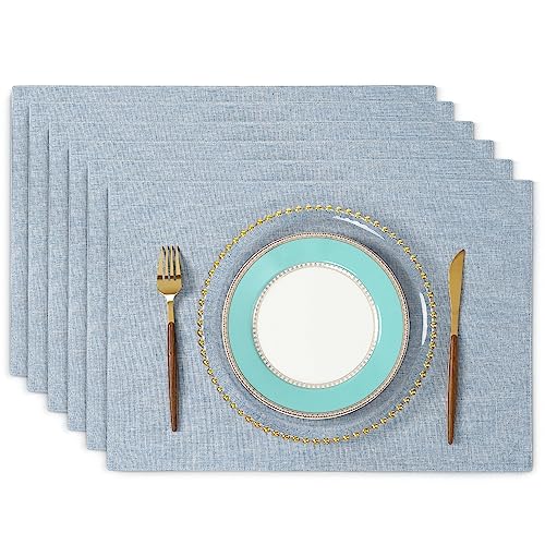 ランチョンマット 布製 綿麻 二層生地縫製 丸洗い可 無地 和風 柔軟性 滑り止め 断熱 おしゃれ テーブルマット お手入れ簡単(横48cm×縦33cm 6枚セット ライトブルー)N