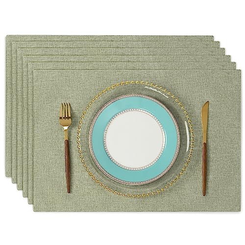 ランチョンマット 布製 綿麻 二層生地縫製 丸洗い可 無地 和風 柔軟性 滑り止め 断熱 おしゃれ テーブルマット お手入れ簡単(横48cm×縦33cm 6枚セット ライトグリーン)N