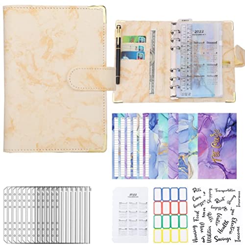 A6 バインダー 6リング 大理石模様 PUレザー ジッパーバッグ ラベル付き ステッカー ファスナーA6バイ..