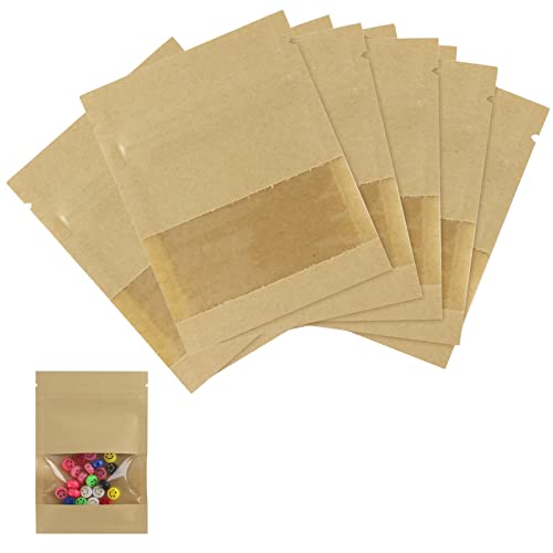 100枚入 クラフト紙 包装袋 チャック袋 透明窓 包装バッグ ヒートシール チャック DIY ティー ナッツ 小型 菓子袋 小物 手作り 保管袋 再封可能 (13*18cm ブラウン)