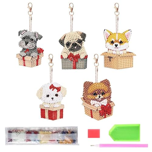 ダイヤモンドアート キーホルダー 犬 キット きれい かわいい 小さなペンダント 両面 複数のスタイル 子供 初心者 DIY手作り 手工芸品 財布 キーペンダント 携帯ケースストラップ 装飾用 プレゼント 5つの異なるデザイン（犬） 送料無料