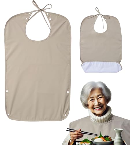 介護用エプロン よだれかけ 2WAY着脱 食事用エプロン 大人用 着脱感改良 高齢者 撥水加工 洗濯可能 繰り返し使用 ポケット付き (ベージュ色) 送料無料