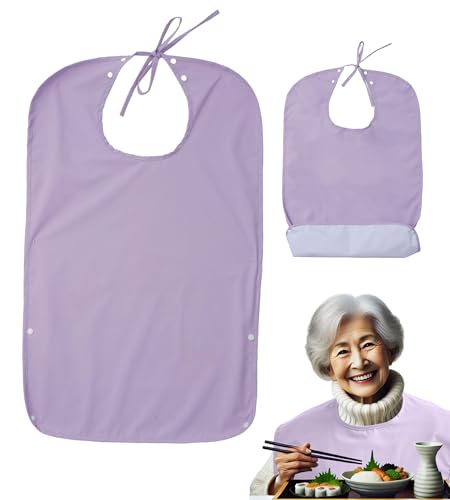 介護用エプロン よだれかけ 2WAY着脱 食事用エプロン 大人用 着脱感改良 高齢者 撥水加工 洗濯可能 繰り返し使用 ポケット付き (薄紫色(藤色)) 送料無料