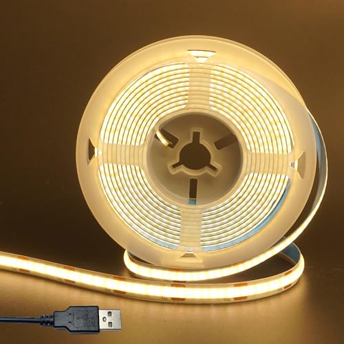 5V USB COB LED���ȥ�åץ饤�� 5M ���� 3000K 320LEDs / M ��8mm ��̩��8W / M CRI90 ξ�̥ơ����ѷ���ǽ ��...