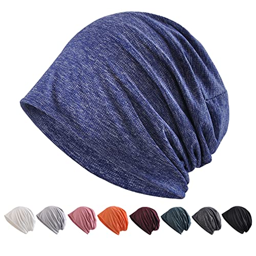 送料無料 ニット帽 メンズ サマーニットキャップ 春夏秋用[ひんやり冷感素材・通気・吸汗速乾・小顔効果] 夏用ケア帽子 帽子 カジュアル 抗がん剤 薄手 ビーニー 大きい 肌に優しい ストレッチ性 柔らかい ナイロン生地 軽量 (ダークブルー)