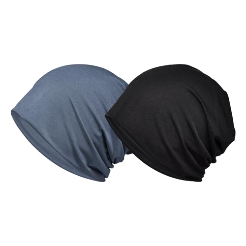 ニット帽 メンズ サマーニットキャップ 春夏秋用[ひんやり冷感素材・通気・吸汗速乾・小顔効果] 夏用ケア帽子 帽子 カジュアル 抗がん剤 薄手 ビーニー 大きい 肌に優しい ストレッチ性 柔らかい ナイロン生地 軽量 (無地ダークグレー＆黒 (2枚) ) Free Size ...