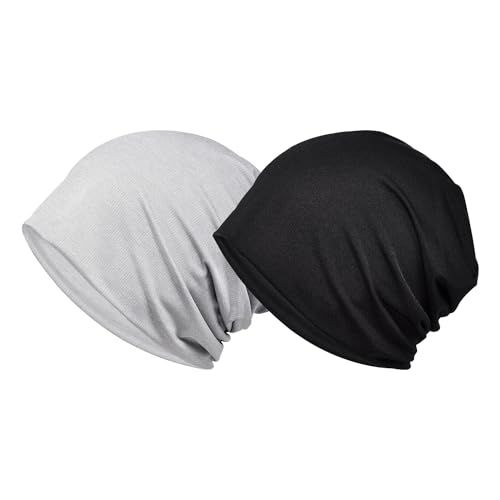 ニット帽 メンズ サマーニットキャップ 春夏秋用[ひんやり冷感素材・通気・吸汗速乾・小顔効果] 夏用ケア帽子 帽子 カジュアル 抗がん剤 薄手 ビーニー 大きい 肌に優しい ストレッチ性 柔らかい ナイロン生地 軽量 (黒＆灰色 (2枚) ) Free Size マルチカラー...