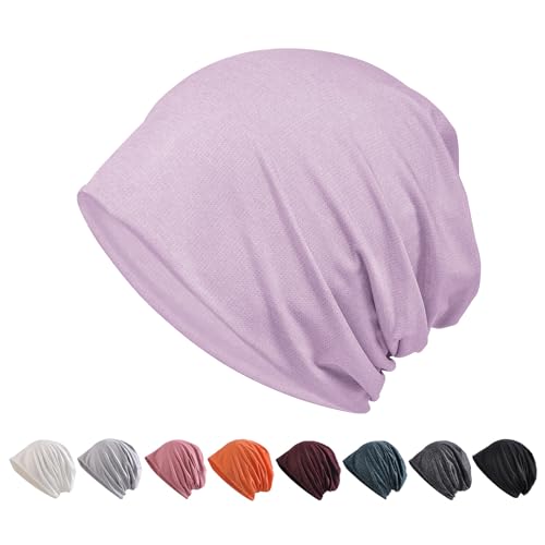 送料無料 ニット帽 メンズ サマーニットキャップ 春夏秋用[ひんやり冷感素材・通気・吸汗速乾・小顔効果] 夏用ケア帽子 帽子 カジュアル 抗がん剤 薄手 ビーニー 大きい 肌に優しい ストレッチ性 柔らかい ナイロン生地 軽量 (パープル) Free