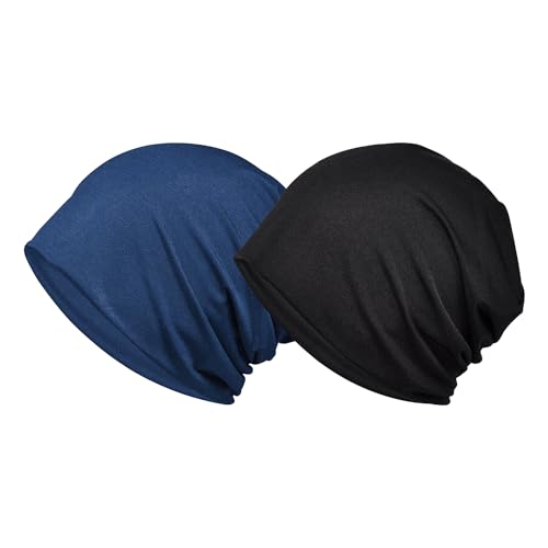 ニット帽 メンズ サマーニットキャップ 春夏秋用[ひんやり冷感素材・通気・吸汗速乾・小顔効果] 夏用ケア帽子 帽子 カジュアル 抗がん剤 薄手 ビーニー 大きい 肌に優しい ストレッチ性 柔らかい ナイロン生地 軽量 (無地ネイビー＆黒 (2枚) ) Free Size マル...