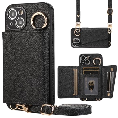 Entertainment, Talents - iPhone14plus ケース 手帳型 肩掛け アイフォン14プラス ショルダー スマホケース iPhone14plus カバー PUレザー 首掛け 斜めかけ マグネット式 ICカード収納 鏡付き 写真入りポケット 調節可能な 携帯ケース ブラック