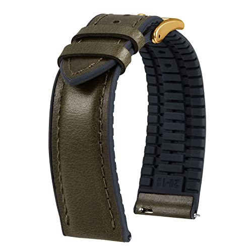 腕時計 ベルト 20mm スマートウォッチ バンド 革時計ベルト クイックリリース オイルワックスレザー 腕時計バンド 内側シリコン製 通気性 ウォッチバンド 交換ベルト 男女兼用 20mm (グリーン / ローズゴールド バックル)(2.0)