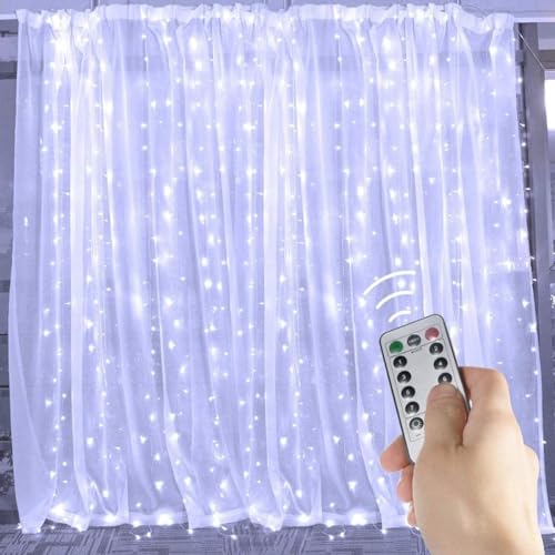 イルミネーション 3M*3M 300球 LEDカーテンライト防水 リモコン付き USB給電 8モード切替 クリスマス ハロウィーン パーティー 記念日 結婚式 誕生日 (ホワイト)