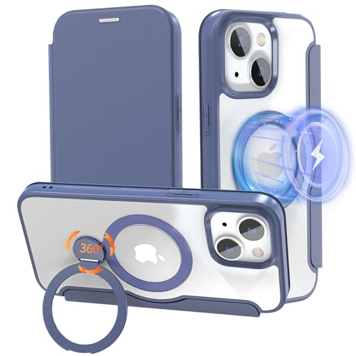 iPhone 15 Plus 手帳型 ケース 360°回転スタンド カード収納 MagSafe リング付き 縦横両 クリア 軽い 薄型 耐衝撃iPhone15 Plus スマホケース 全面保護 アイフォン15 Plus 携帯カバー マグセーフ おしゃれ ブルー