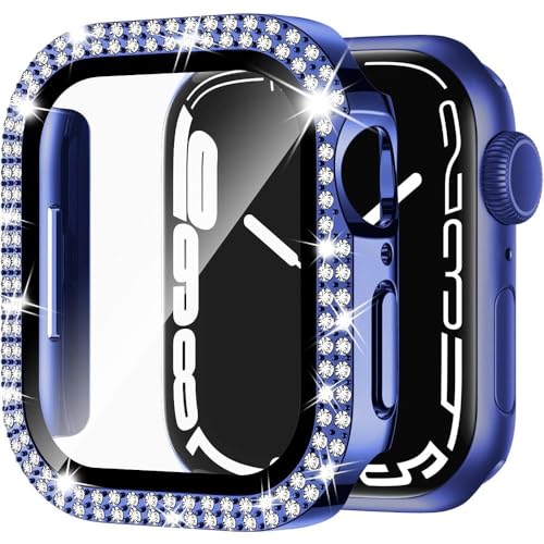 Apple Watch カバー 45mm キラキラ かわいい ガラスフィルム付 超薄型 PC+ガラス素材 高透過率 耐衝撃 キズ防止 高感度 全面保護 Apple Watch 45mm ケース Series 9 / 8 / 7,45mm,ブルー