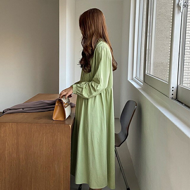 :::ハンドメイド　リネン くすみピスタチオ　ピンタックシャツ　チュニック丈 ::: 薄手 リネン ピンタック フリル シャツ ブラウス リトアニア リネン100