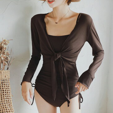 Lavish Gate リブ 長袖ラッシュガード付き ワンピース 水着 レディース カップ付き ブラウン/ブラック M/L/XL シンプル
