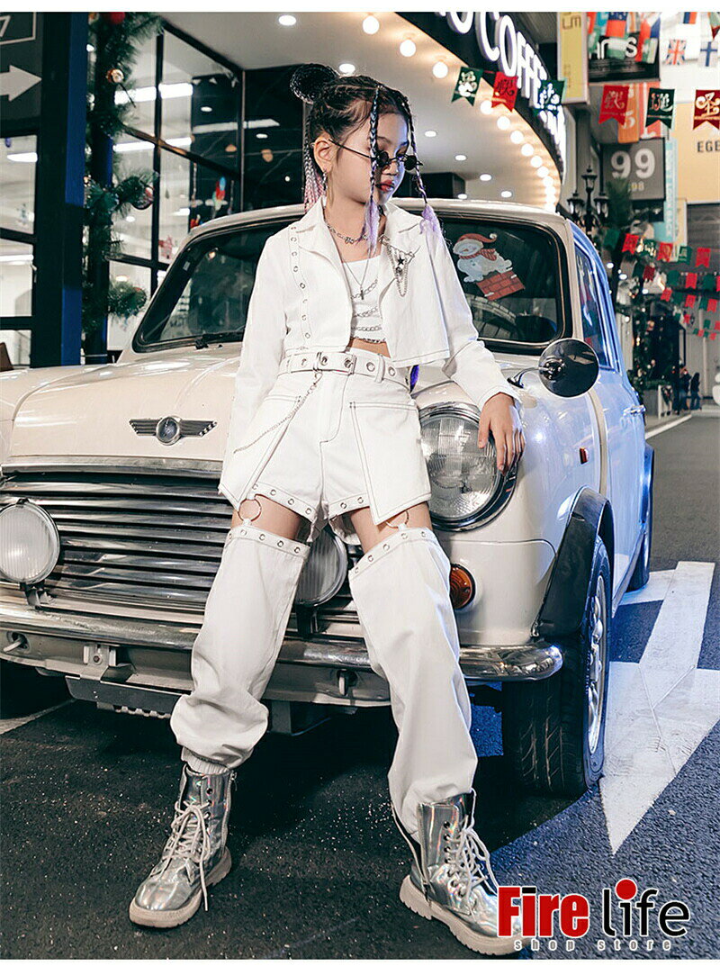 LAX SHOPのキッズダンス衣装ヒップホップチアガールHiphopジャズホワイトセットアップオシャレ子供服K-POP韓国白練習着応援団イベント舞台衣装ダンスウェア演出服ステージ衣装｜アングル2