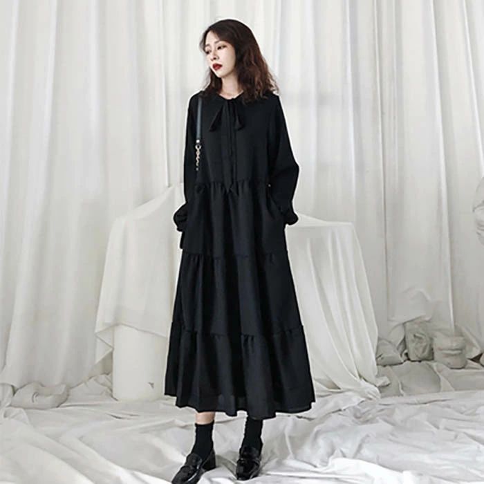 ワンピース レディース ロングワンピース 黒ワンピース 長袖 フレア ロングワンピ ミモレ丈 シフォン 着痩せ 大きいサイズ 体型カバー ゆったり ゆったり 黒 キレイめエレガント カジュアル 冠婚葬祭 フォーマル ブラック 2