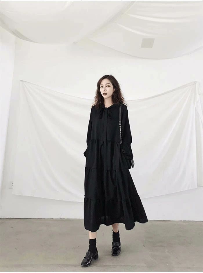 ワンピース レディース ロングワンピース 黒ワンピース 長袖 フレア ロングワンピ ミモレ丈 シフォン 着痩せ 大きいサイズ 体型カバー ゆったり ゆったり 黒 キレイめエレガント カジュアル 冠婚葬祭 フォーマル ブラック 3