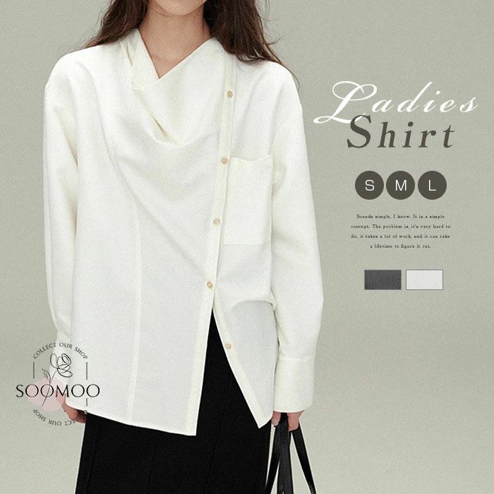 Other - シャツ レディース ロングシャツ チュニック トップス 長袖 切替 アシンメトリー 無地 オフィスカジュアル 大人可愛い キレイめ 通勤 OL オフィス 仕事 森ガール ゆったり 大きいサイズ 体型カバー デザイン モード 春 夏 秋 ホワイト グレー 送料無料