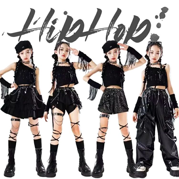 ダンス キッズ 子供服 4タイプ ブラック レザー ダンス衣装 女の子 スパンコール キラキラ ガールズ 無袖 スカート 長ズボン 短パンツ ダンスウェア 発表会 応援団 イベント ジュニア カッコイイ 普段着 jazz K-POP オシャレ DANCE 110~170