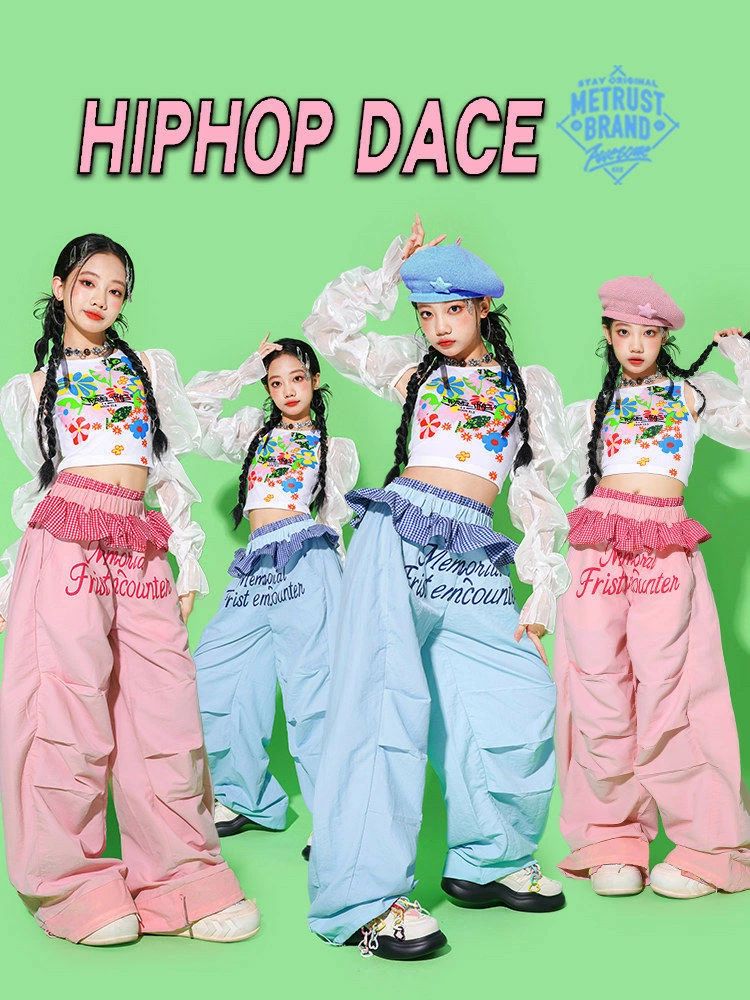 LAX SHOPのキッズ ダンス衣装 ブルー ピンク セット 単品 花柄 カーゴパンツ 女の子 ガールズ ダンスウェア 発表会 応援団 イベント ジュニア カッコイイ 普段着 jazz K-POP オシャレ DANCE 110~180｜アングル2