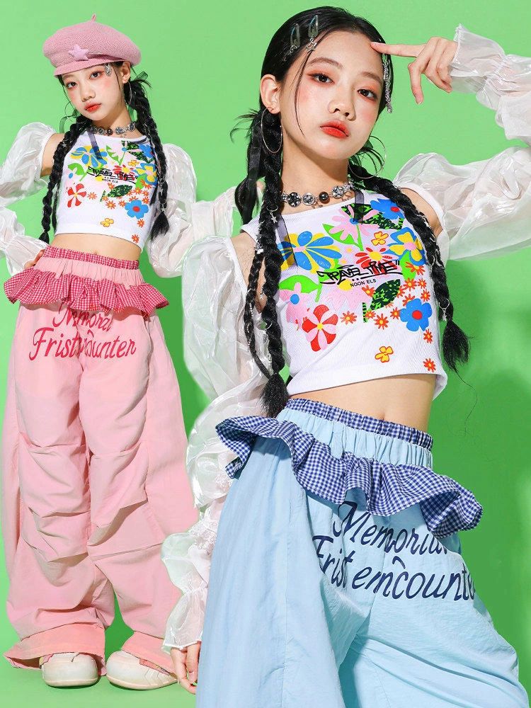 LAX SHOPのキッズ ダンス衣装 ブルー ピンク セット 単品 花柄 カーゴパンツ 女の子 ガールズ ダンスウェア 発表会 応援団 イベント ジュニア カッコイイ 普段着 jazz K-POP オシャレ DANCE 110~180｜アングル3